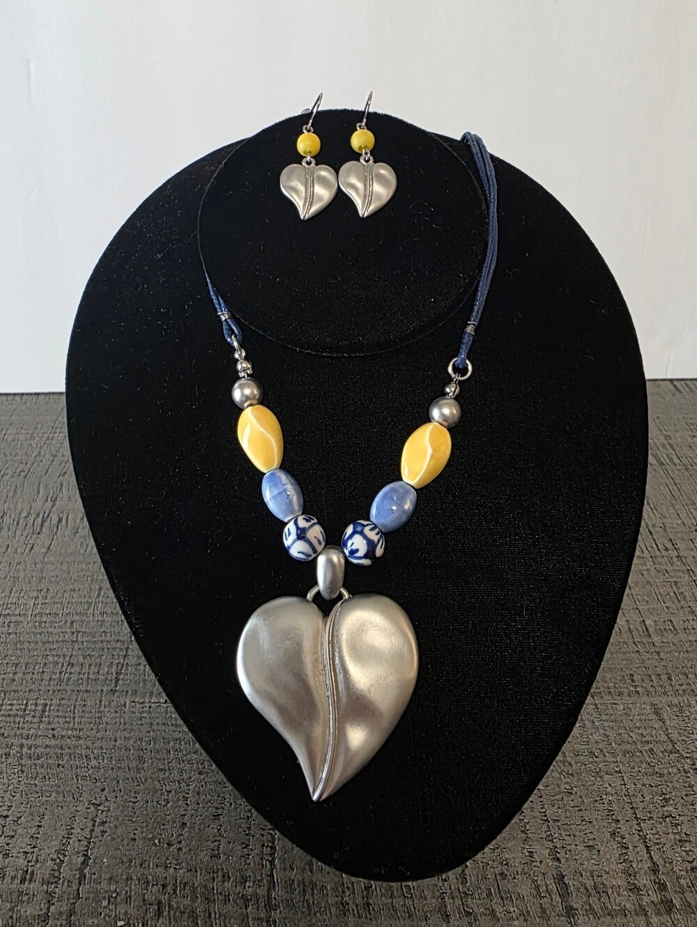 Silver Heart Pendant Necklace with Blue and Yellow Beads